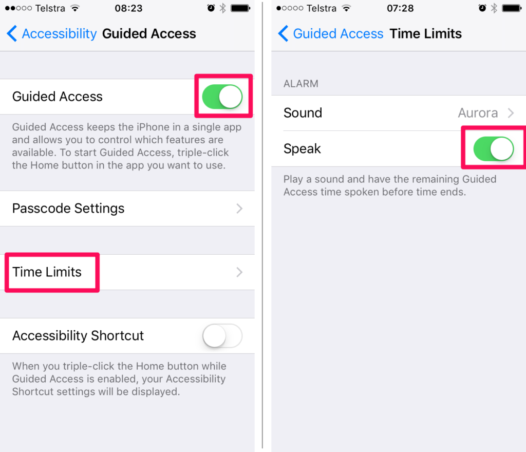 Guided access time limits and alarm screenshot
